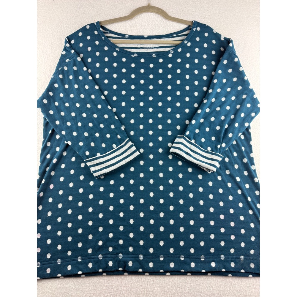 Talbots Woman Teal Blue Polka Dot Striped Cuff 3/4 Sleeve Knit Top 1X